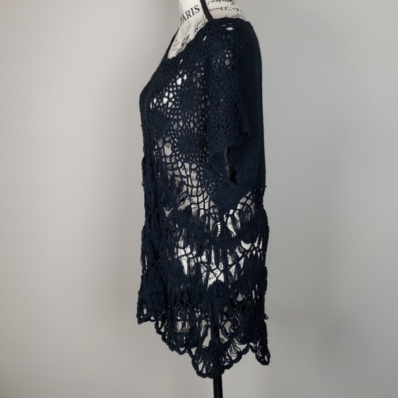 {Fever} Hand Crochet Black Swim Suit cover up Tunic - Picture 2 of 8